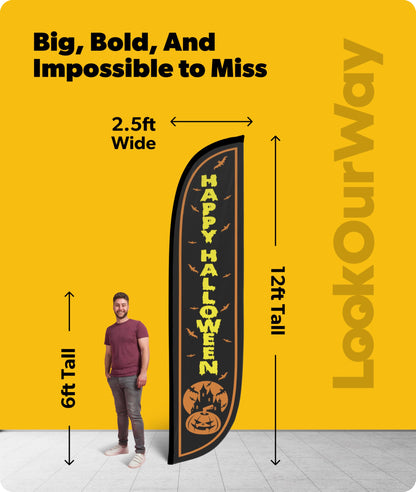 Drapeau à plumes noir Happy Halloween LookOurWay, 12 pi