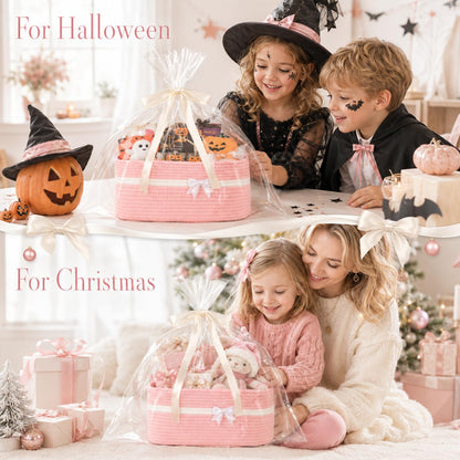 OIAHOMY Christmas Basket, Woven Basket for Gifts Empty with Gift Bags and Ribbons, Rope Basket for Decorations, Storage Basket with Handles for Nursery, Pet Toy Basket - Pink 🍁 All In One Marketplace Canada