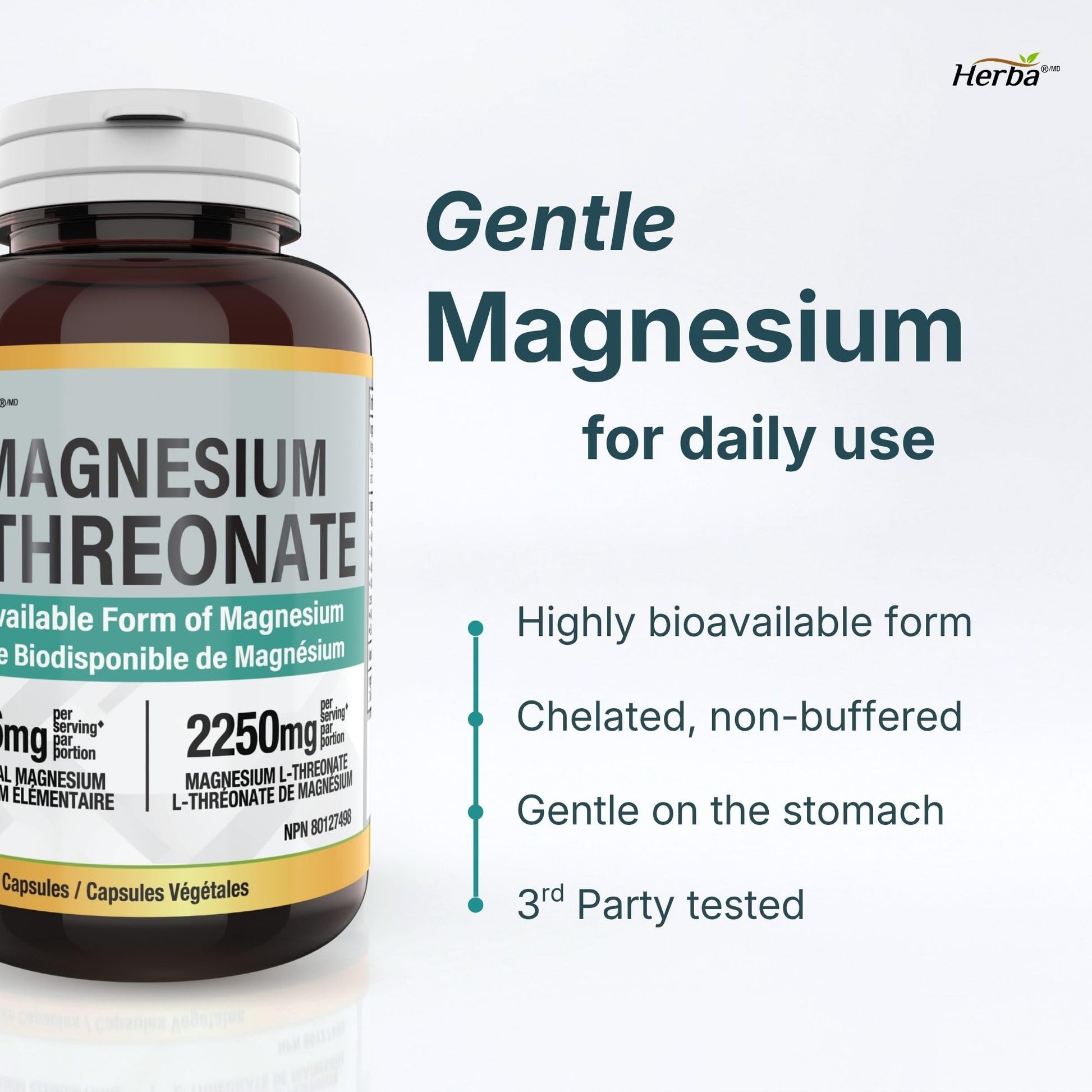 Herba Magnesium L-Threonate – 2,250mg of Magnesium L Threonate Per Serving (3 Capsules) - 186mg of Elemental Magnesium | Bioavailable Form of Magnesium Supplement | 90 Vegetable Capsules | Made in Canada - Available at All In One Marketplace Canada
