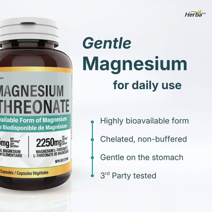 Herba Magnesium L-Threonate – 2,250mg of Magnesium L Threonate Per Serving (3 Capsules) - 186mg of Elemental Magnesium | Bioavailable Form of Magnesium Supplement | 90 Vegetable Capsules | Made in Canada - Available at All In One Marketplace Canada