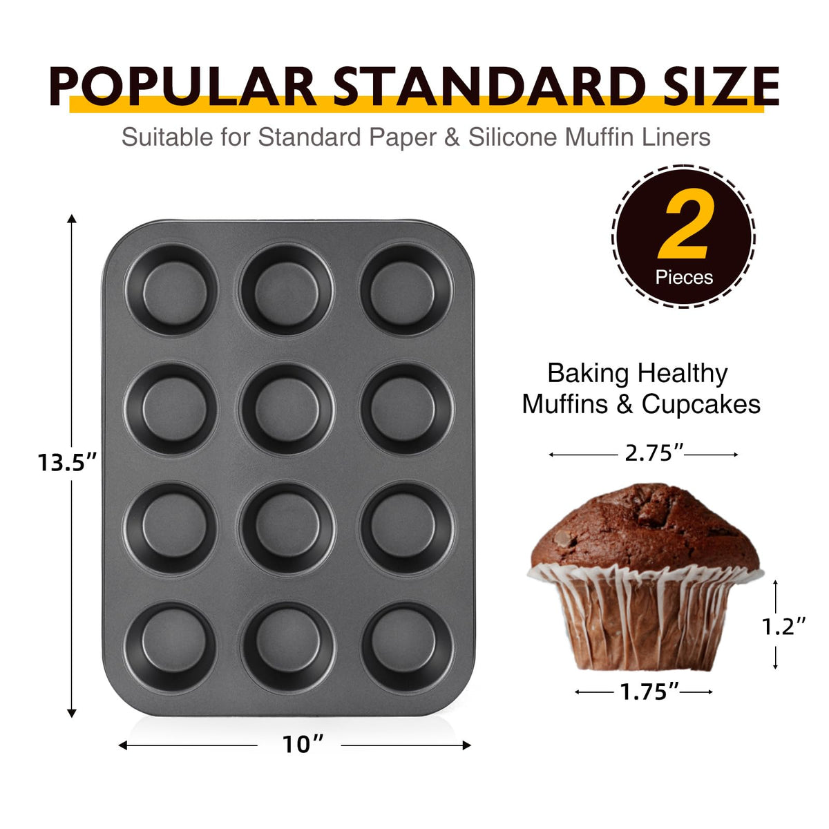 HONGBAKE Muffin Pan for Baking, Nonstick Cupcake Tin 12 Cup, 2 Pack Cup Cake Tray, Premium & Dishwasher Safe - Dark Grey 🍁 All In One Marketplace Canada