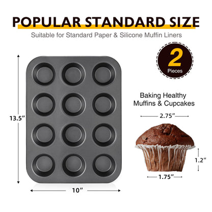 HONGBAKE Muffin Pan for Baking, Nonstick Cupcake Tin 12 Cup, 2 Pack Cup Cake Tray, Premium & Dishwasher Safe - Dark Grey 🍁 All In One Marketplace Canada