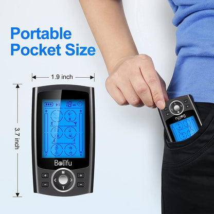 Belifu Dual Channel TENS EMS Unit 24 Modes Muscle Stimulator for Pain Relief Therapy, Electronic Pulse Massager Muscle Massager with 10 Pads, Dust-Proof Drawstring Storage Bag，Fastening Cable Ties - Available at All In One Marketplace Canada