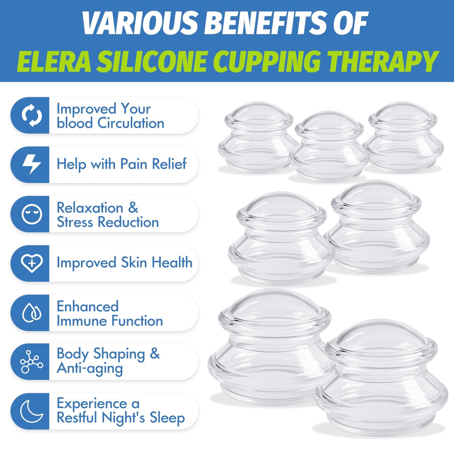 ELERA Silicone Cupping Therapy Set (3 Sizes, 7 Cups), Reusable Massage Cups for Deep Tissue, Cellulite, Face, Neck, Back, Joint, Body Relaxation - Available at All In One Marketplace Canada