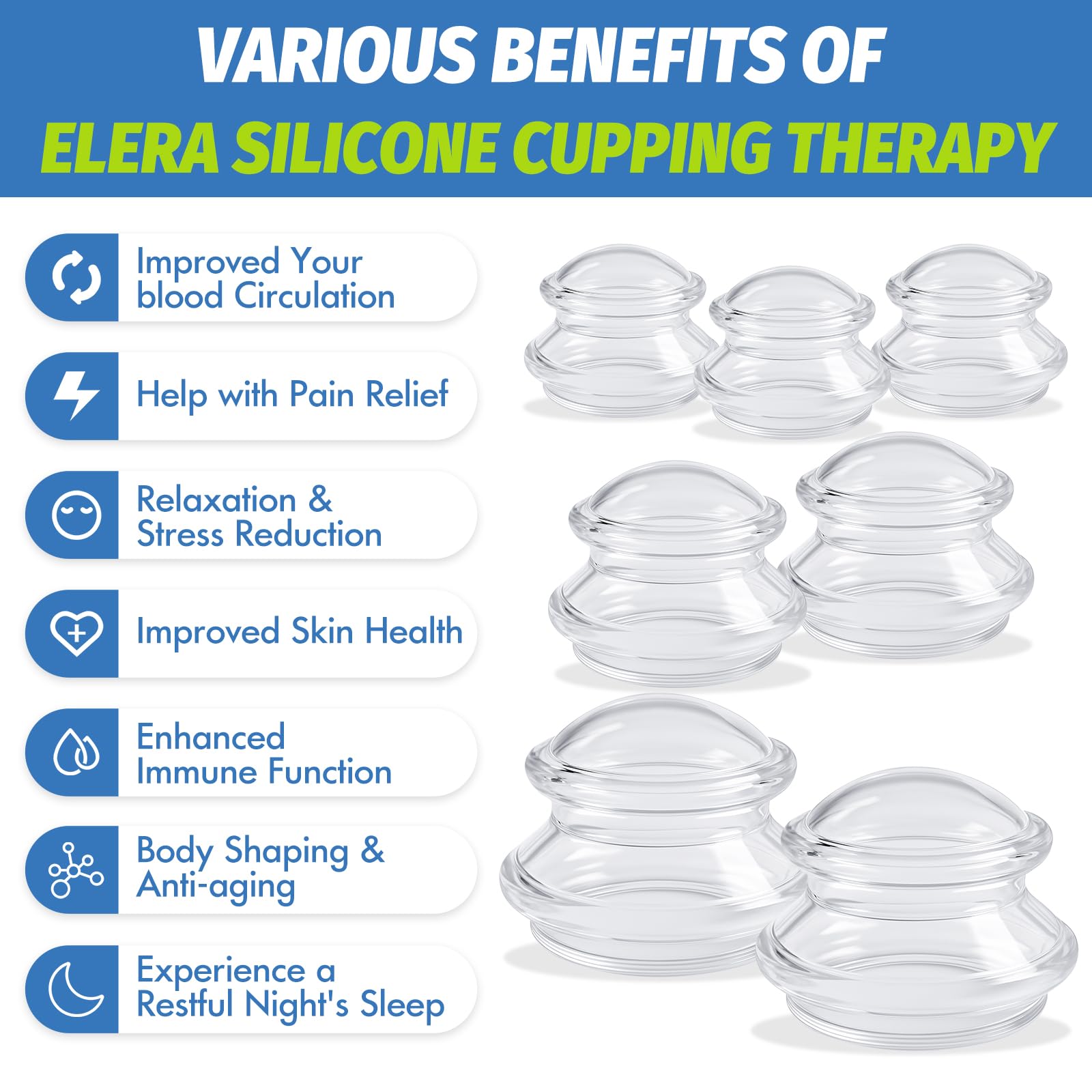 ELERA Silicone Cupping Therapy Set (3 Sizes, 7 Cups), Reusable Massage Cups for Deep Tissue, Cellulite, Face, Neck, Back, Joint, Body Relaxation - Available at All In One Marketplace Canada