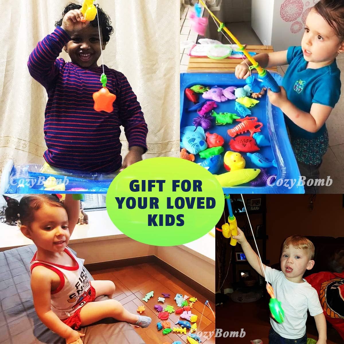 CozyBomB Magnetic Fishing Pool Toys Game for Kids - Water Table Bath-tub Kiddie Party Toy with Pole Rod Net Plastic Floating Fish Toddler Color Ocean Sea Animals Birthday Gift Age 3 4 5 6 Year Old