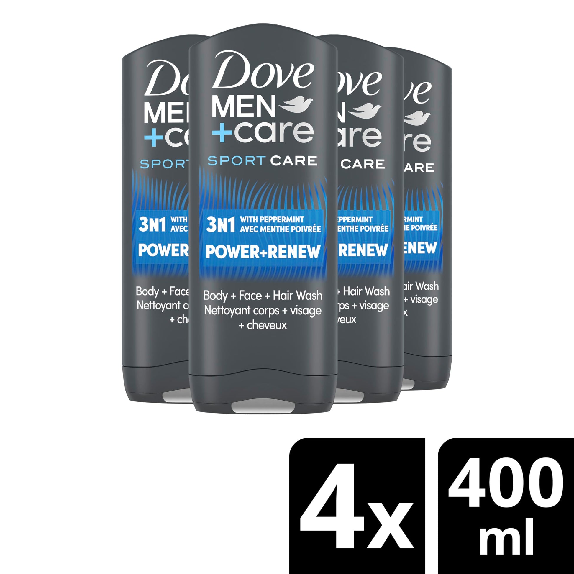 Dove Men+Care Refreshing Power + Renew 3N1 Body, Hair and Face Wash with 24-Hour Nourishing Micromoisture Technology Body Wash for Men 400 ml (Pack of 4) - Available at All In One Marketplace Canada