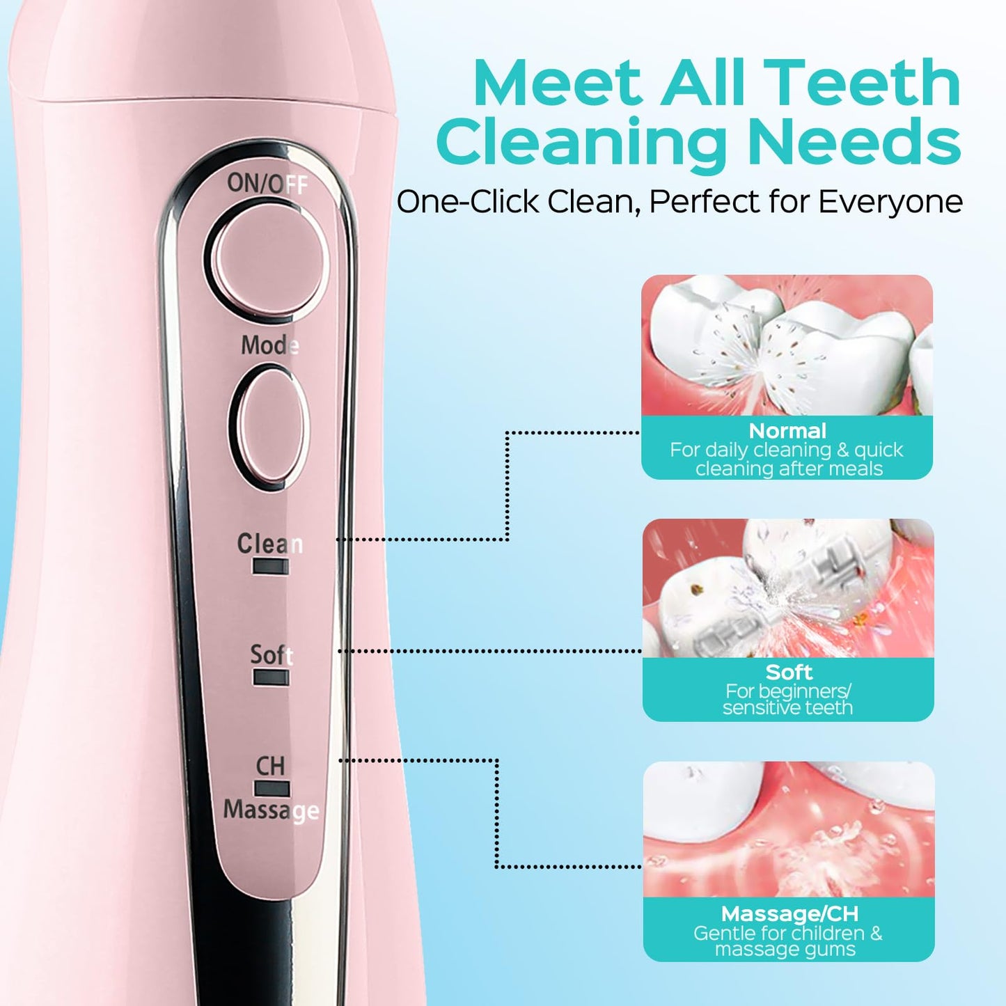COSLUS Water Teeth Flosser C20 (F5020E): 300ML Electric Water Tooth Floss Cordless Jet Flossers for Teeth Cleaning IPX7 Waterproof Rechargeable Portable Travel Floss Light-Pink