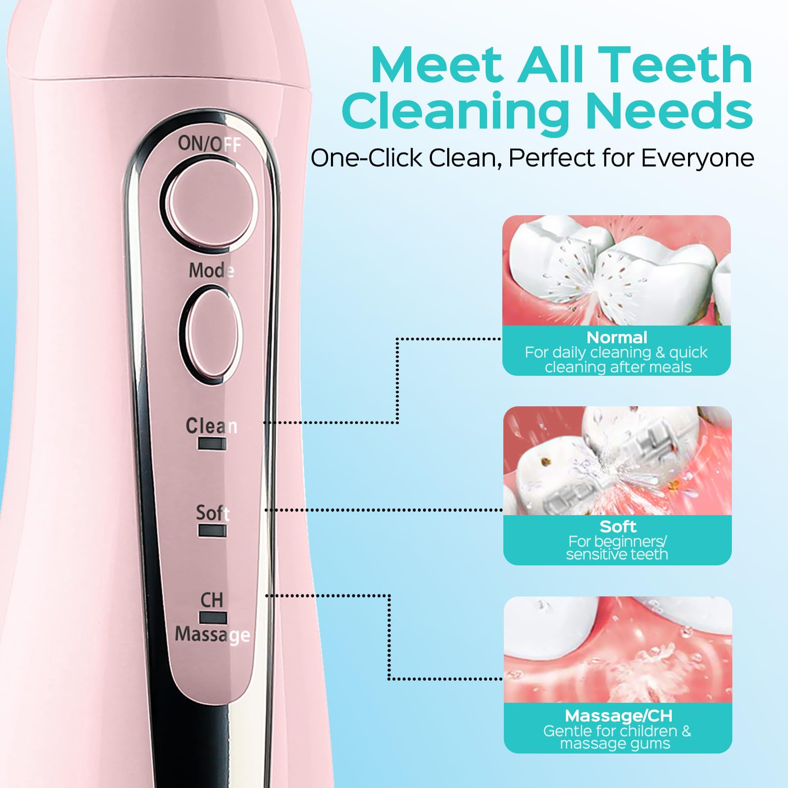 COSLUS Water Teeth Flosser C20 (F5020E): 300ML Electric Water Tooth Floss Cordless Jet Flossers for Teeth Cleaning IPX7 Waterproof Rechargeable Portable Travel Floss Light-Pink