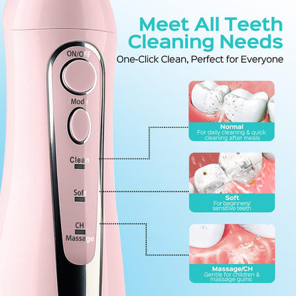 COSLUS Water Teeth Flosser C20 (F5020E): 300ML Electric Water Tooth Floss Cordless Jet Flossers for Teeth Cleaning IPX7 Waterproof Rechargeable Portable Travel Floss Light-Pink