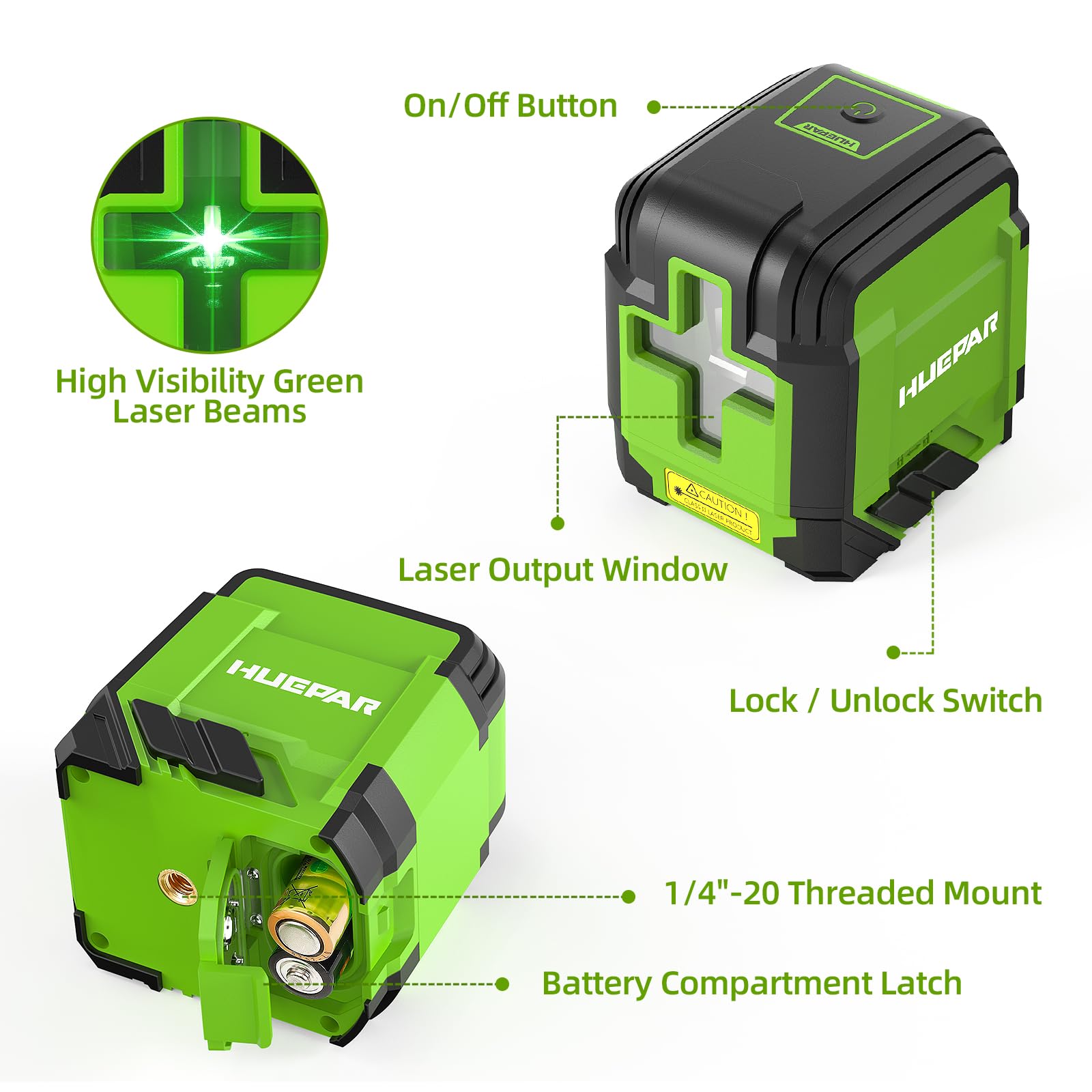 Huepar Self Leveling Laser Level with Tripod, 98Ft Green Cross Line Laser Leveler Tool for Picture Hanging, Tile, Home Renovation, Indoor Project, Battery Included, 40in Tripod - Available at All In One Marketplace Canada