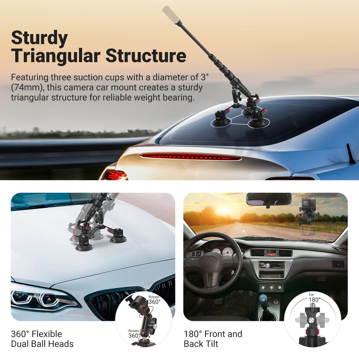 NEEWER Triple Suction Cup Car Mount for Action Cameras, CA065
