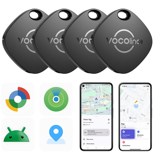 VOCOlinc Air Tracker Smart Tags for Android & iOS 4 Pack, New Dual System Bluetooth Tracker Works with Google Find Hub or Apple Find My App, Key Finder, Backpack, Suitcases, Replaceable Battery