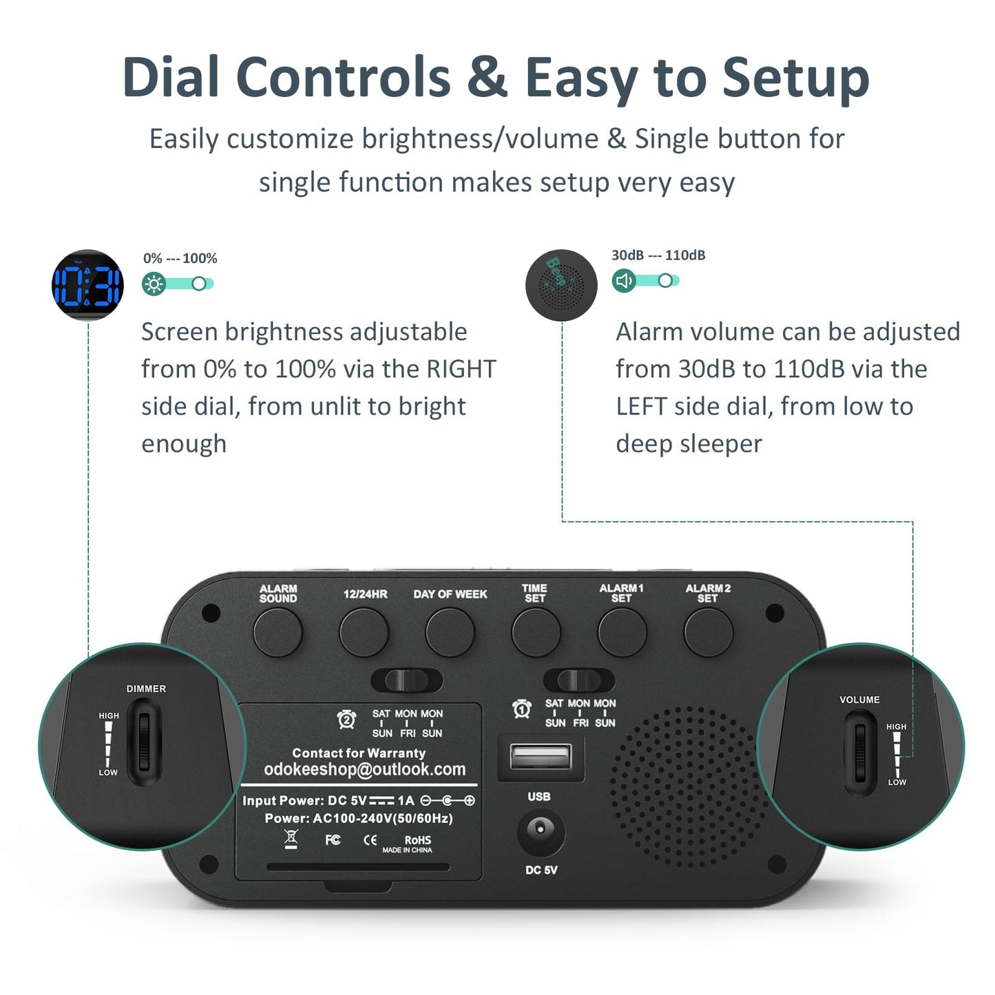 Odokee Digital Dual Alarm Clock for Bedroom, Easy to Set, 0-100% Dimmer, USB Charger, 5 Sounds Adjustable Volume, Weekday/Weekend Mode, Snooze, 12/24Hr, Battery Backup, Compact Clock for Bedside(Blue) - Available at All In One Marketplace Canada