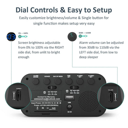 Odokee Digital Dual Alarm Clock for Bedroom, Easy to Set, 0-100% Dimmer, USB Charger, 5 Sounds Adjustable Volume, Weekday/Weekend Mode, Snooze, 12/24Hr, Battery Backup, Compact Clock for Bedside(Blue) - Available at All In One Marketplace Canada