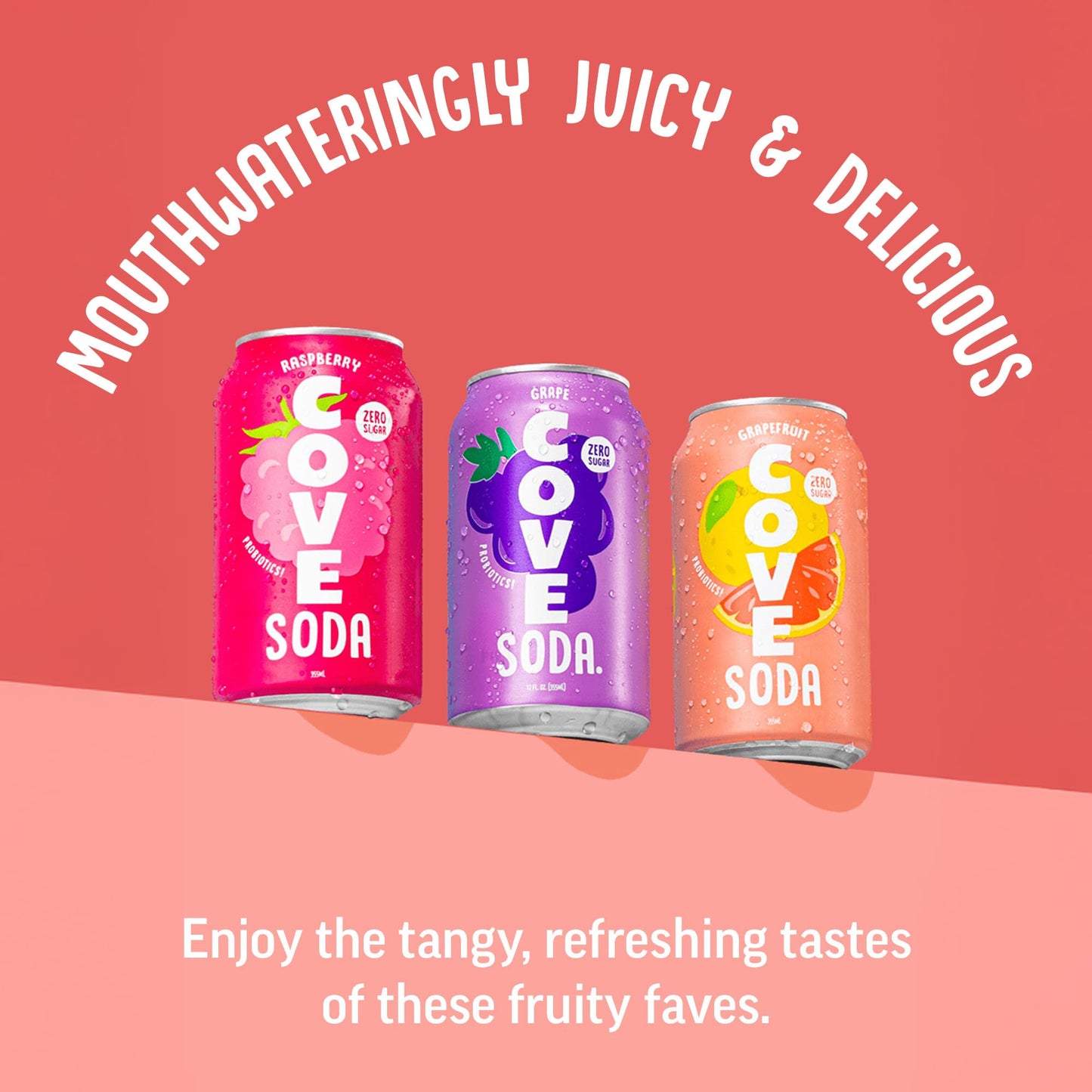 Cove Probiotic Soda Variety Pack – Zero Sugar, Vitamin C Enriched, Caffeine Free – Raspberry, Grapefruit & Grape Flavors, 12 Cans