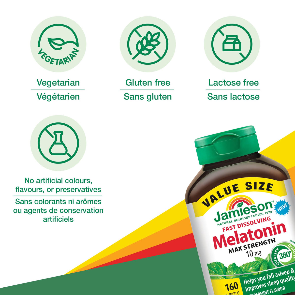 Jamieson Melatonin 10 mg Max Strength, Peppermint Flavour Fast Dissolving Tablets, 160 Count 🍁 All In One Marketplace Canada