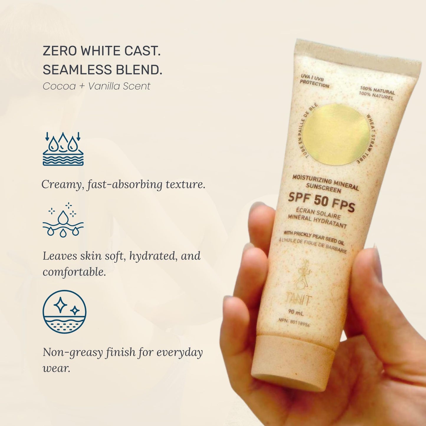TANIT Moisturizing Mineral Sunscreen SPF 50, 90ml, Broad-Spectrum UVA/UVB Protection, Hydrating Non-Greasy Face & Body Cream with Prickly Pear Seed Oil, Coconut + Vanilla Scent, Vegan, Water-Resistant TANIT