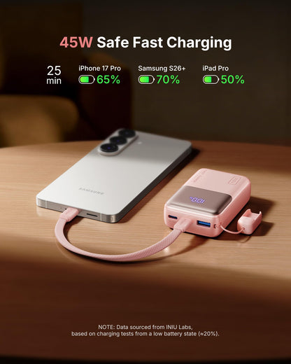 INIU Power Bank, Ultra Mini 10000mAh 45W Fast Charging Portable Charger, USB C Battery Pack with Cable, Flight-Safe Travel Powerbank for iPhone 17 16 15 14 13 12 Pro Max Air, Samsung S26 S25 S24, Pink