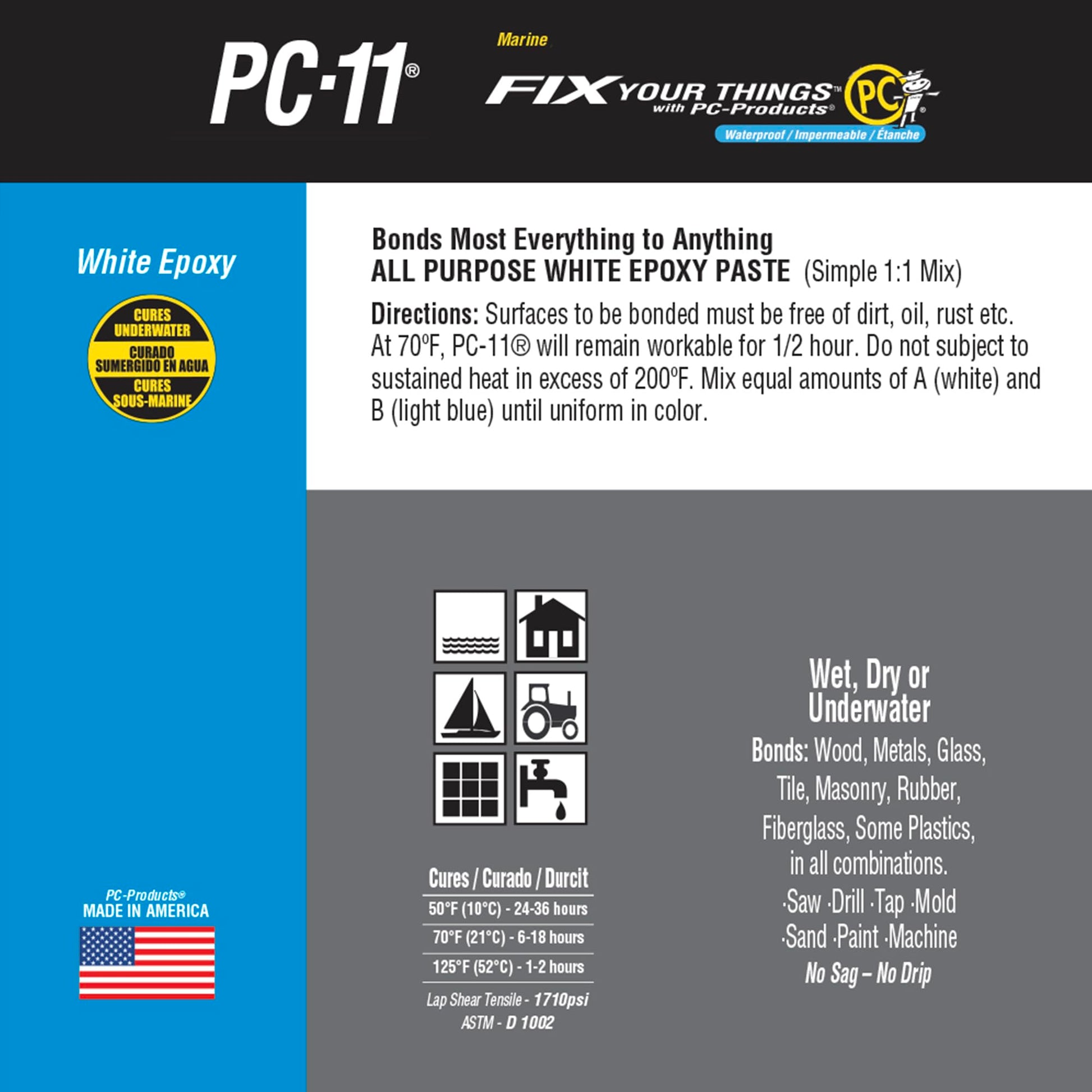 PC Products PC-11 Epoxy Adhesive Paste Kit with Mixing Tool, Two-Part Marine Grade, 1/2lb in Two Cans, Off White, (20128) PC Products