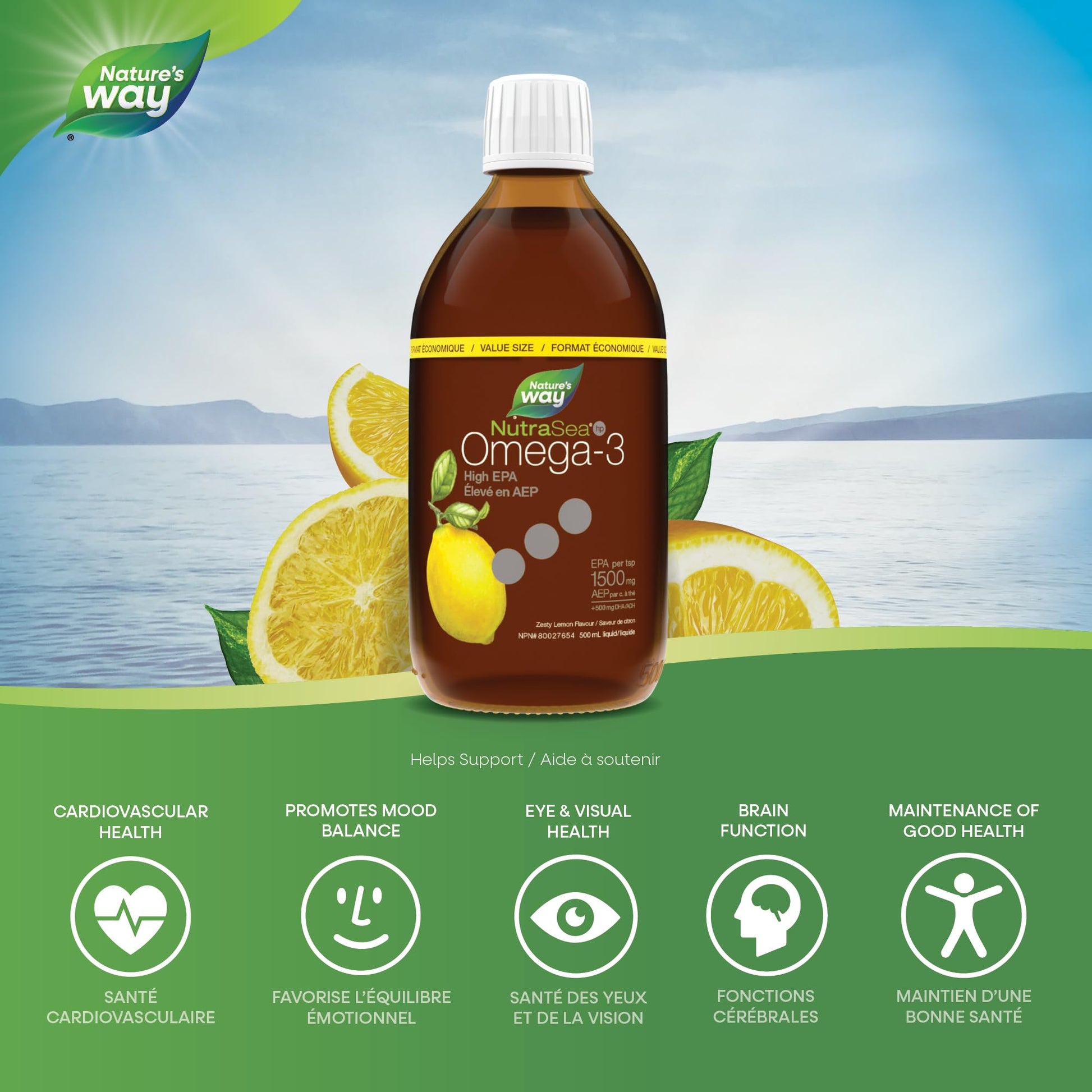 Nature's Way NutraSea HP Omega 3 High EPA Fish Oil Liquid Supplement for Adults and Kids Ages 1+ – Zesty Lemon Flavour – Heart & Brain Support – 1500mg EPA, 500 mL Value Size Nature's Way