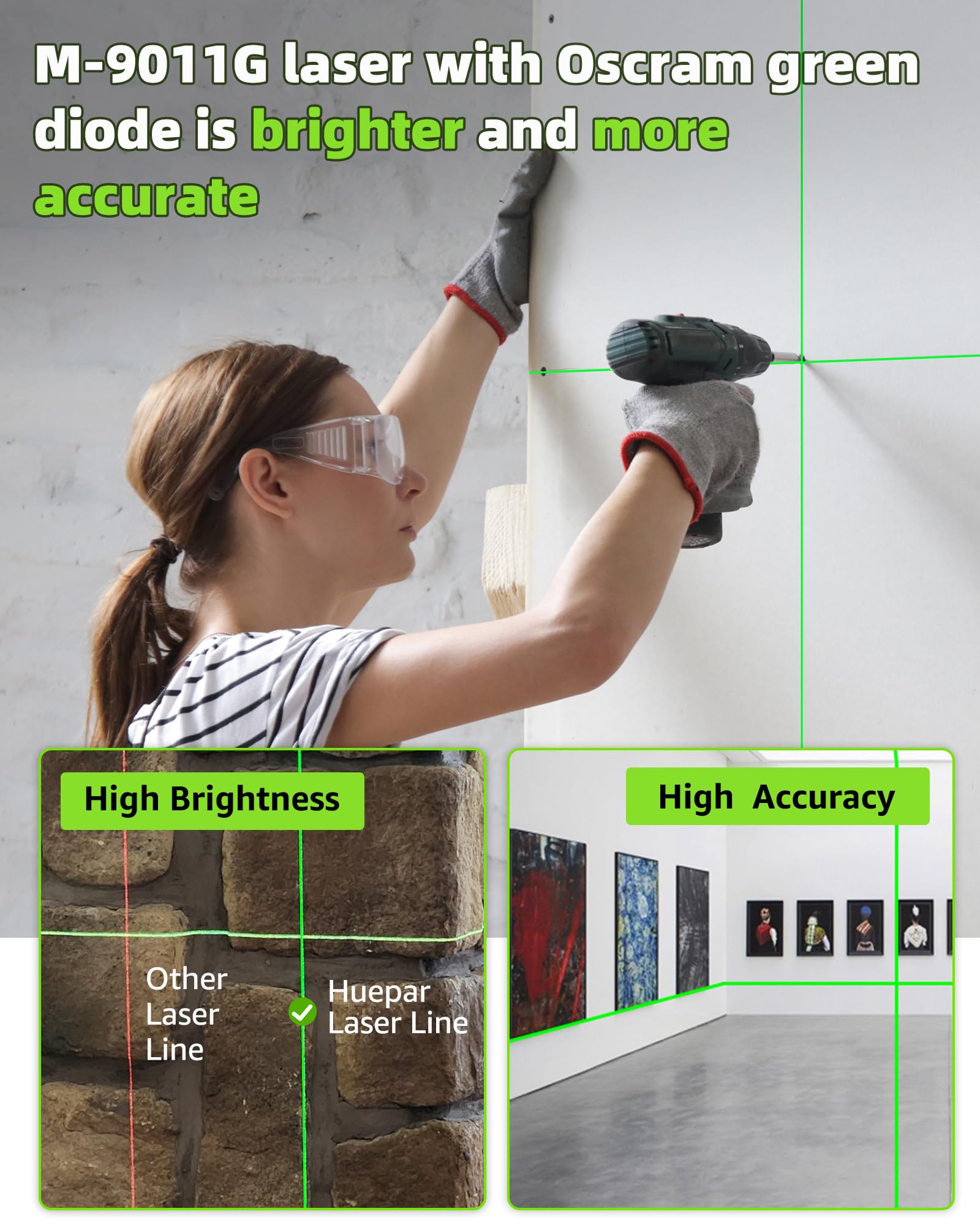 Huepar Laser Level Self Leveling, Classical Cross Line Indoor DIY Use Green Lines, 100Ft Visibility Horizontal and Vertical Line Level, 360° Magnetic Pivoting Base 9011G - Available at All In One Marketplace Canada