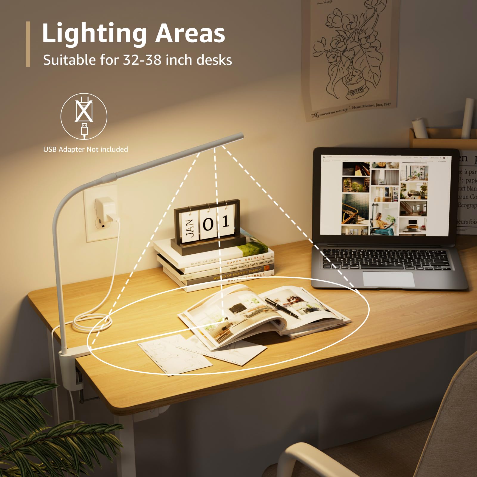 Lepro LED Desk Lamp with Clamp, USB Powered Clip on Light for Reading, 3 Color Modes & 10 Brightness, Eye-Caring Flicker-Free Task Light for Home Office, Bedside, Fits up to 1.97in Thick Desk, White - Available at All In One Marketplace Canada
