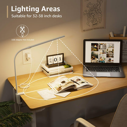 Lepro LED Desk Lamp with Clamp, USB Powered Clip on Light for Reading, 3 Color Modes & 10 Brightness, Eye-Caring Flicker-Free Task Light for Home Office, Bedside, Fits up to 1.97in Thick Desk, White - Available at All In One Marketplace Canada