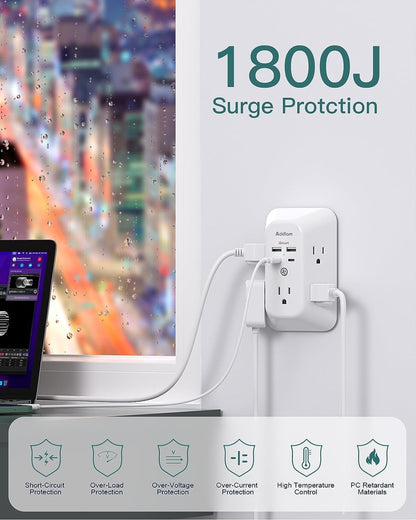 Power Bar, USB Wall Charger Surge Protector 5 Outlet Extender with 4 USB Charging Ports (2 USB C), Multi Plug Outlet, 3-Sided 1800J Power Strip Outlets Splitter Wall Plug Adapter for Home Office Dorm - Available at All In One Marketplace Canada