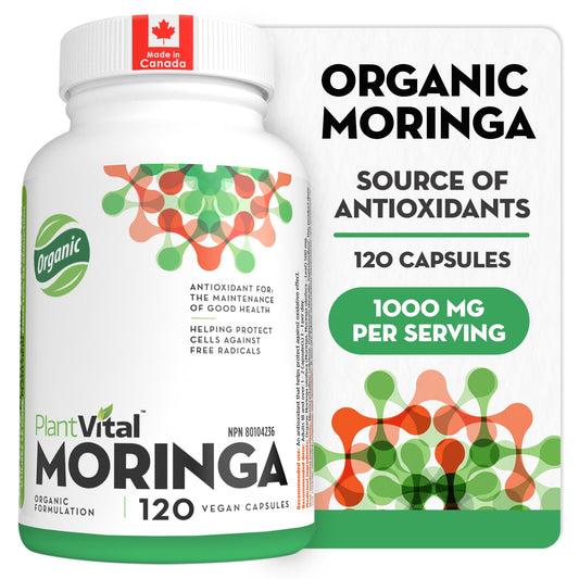 PlantVital Organic Moringa Leaf Capsules - Made in Canada - 1000mg High Potency (500mg per cap) Moringa Pure Capsules for Antioxidant, and Eye Health - Vegan, Non-GMO, Gluten Free (120 Count, 60 Days) - Available at All In One Marketplace Canada
