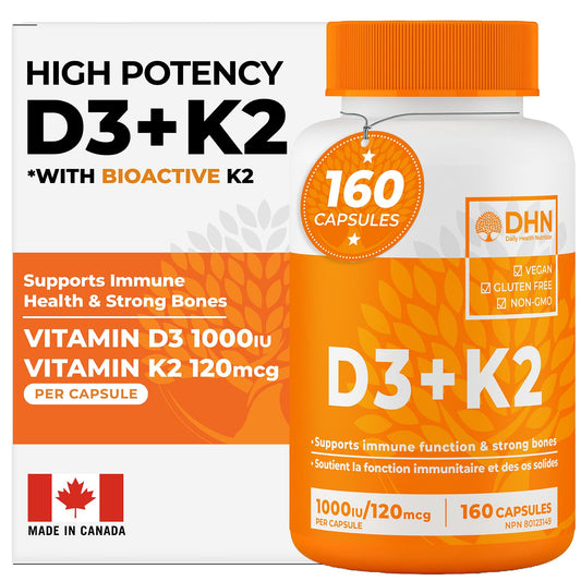 VITAMIN D3 K2 (MK-7) VEGAN | HIGH POTENCY•VALUE SIZE | Supports Prevention of Osteoporosis & Heart Calcification | Immune, Bone & Heart Health Supplement | Canadian Made Vitamin D3 Vitamin K2 - Available at All In One Marketplace Canada