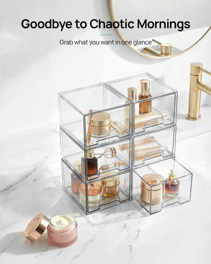 Vtopmart 4 Pack Stackable Makeup Organizer Storage Drawers, Acrylic Bathroom Organizers，Clear Plastic Storage Bins For Vanity, Undersink, Kitchen Cabinets, Pantry, Home Organization and Storage
