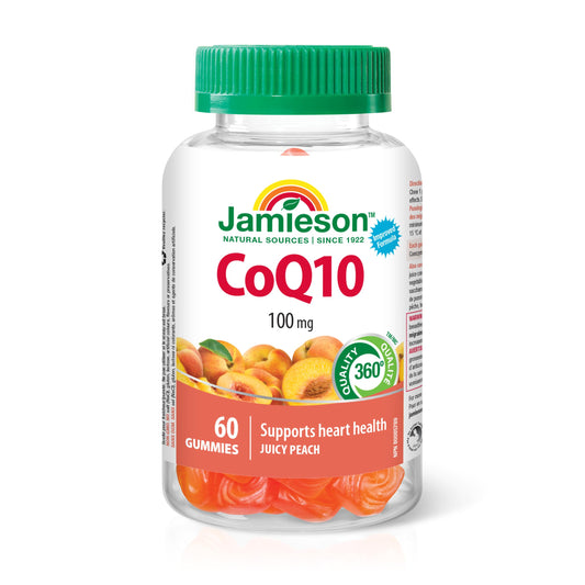 Jamieson CoQ10 Gummy, 100 mg, 60 Juicy Peach Flavoured Gummies. Supports Heart Health and Reduces Frequency of Migraines. Vegetarian, No Artificial Colours, Flavours, or Preservatives - Available at All In One Marketplace Canada