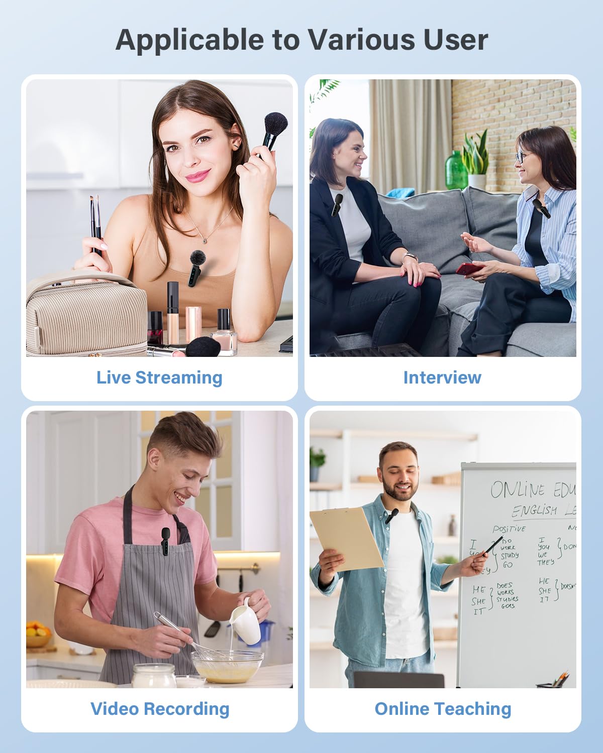 Wireless Lavalier Microphone for iPhone, iPad, Android Phone，2-Pack Mini Microphone with Noise Reduction, Auto Pairing and Mute & Reverb for Vlogging, Video Recording, TikTok, YouTube - Plug & Play
