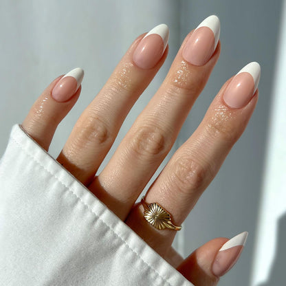 Glamnetic Press On Nails - Ma Damn | French Tip Nails, UV Finish Short Pointed Almond Shape, Reusable Semi-Transparent Nails in 12 Sizes - 24 Nail Kit with Glue - Available at All In One Marketplace Canada