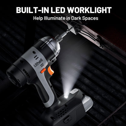 LiTHELi 20V Cordless Impact Driver Kit, Built-in LED Light, 1/4-inch Hex Chuck, 2800 RPM, 2A, Battery Powered, Black, with 20 Driver Bits and Extension, 24.6x17.8x10.2 cm