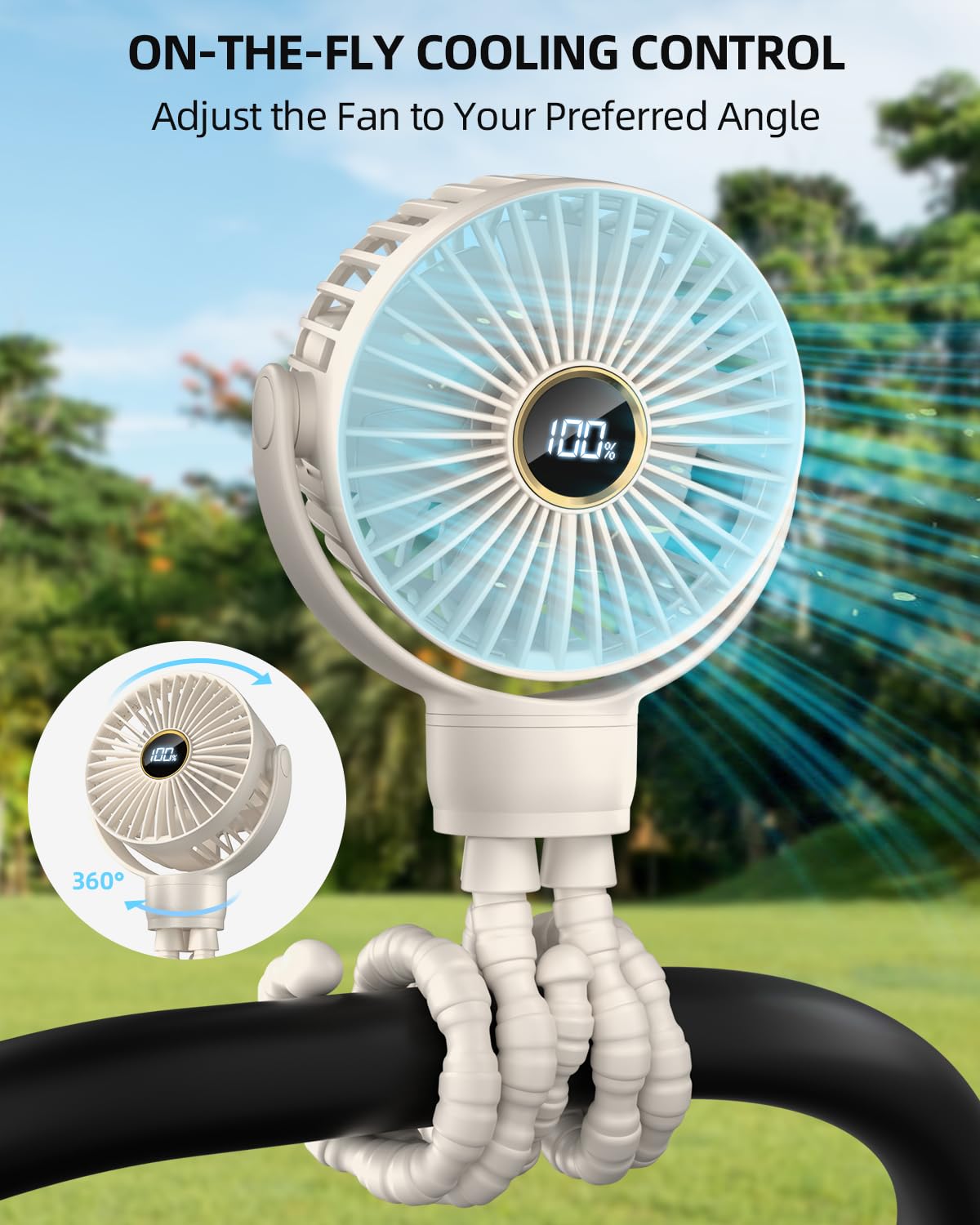 Stroller Fan, Portable Fan, Battery Powered Baby Clip On Fans, 3 Speeds Personal Cooling Fan with Rotatable Handheld for Car Seat Crib Bike Treadmill, Beige-white