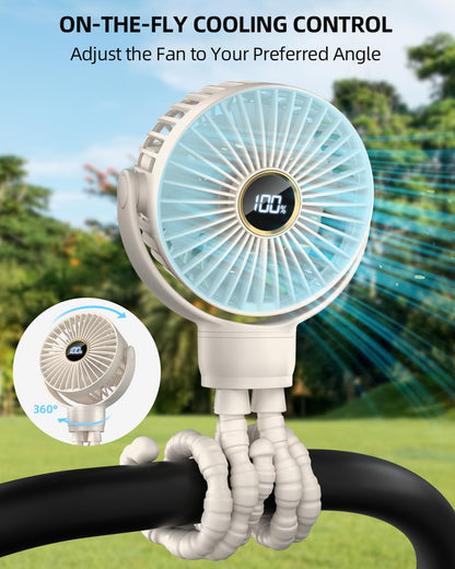 Stroller Fan, Portable Fan, Battery Powered Baby Clip On Fans, 3 Speeds Personal Cooling Fan with Rotatable Handheld for Car Seat Crib Bike Treadmill, Beige-white