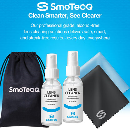 SmoTecQ Glasses Cleaner Kit – Alcohol-Free, Plant-Based Spray + Ultra-Soft Microfiber Cloths for Eyeglasses, Screens & Cameras – 2 x 2oz Spray Bottles + 2 Cloths + Travel Pouch Set - Available at All In One Marketplace Canada