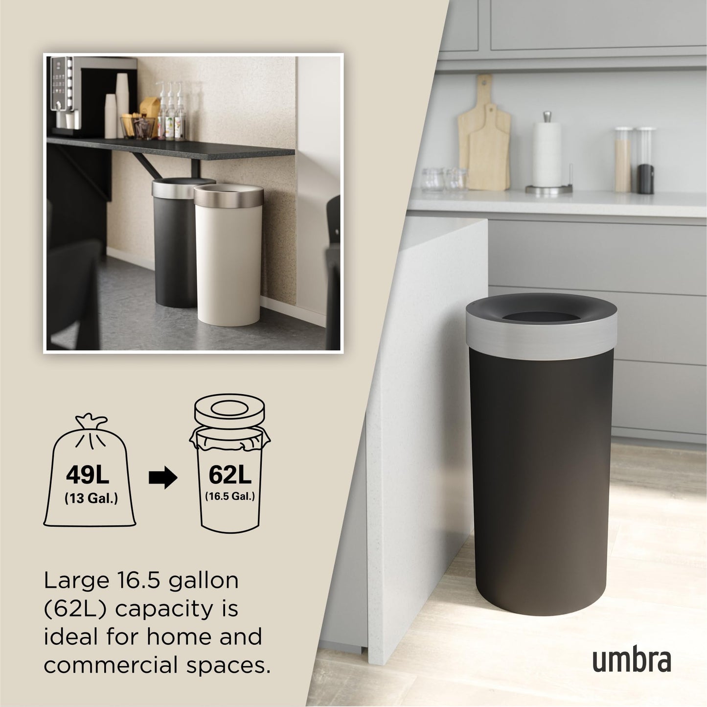 Umbra Vento Kitchen Trash Can – Large 16 Gal (62 L) Open Top Garbage Can for Home & Office – Modern Clean Design, Black/Nickel Umbra