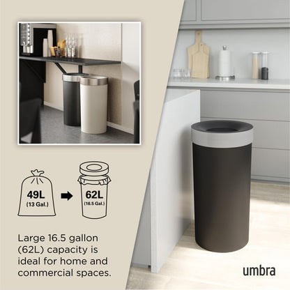 Umbra Vento Kitchen Trash Can – Large 16 Gal (62 L) Open Top Garbage Can for Home & Office – Modern Clean Design, Black/Nickel Umbra