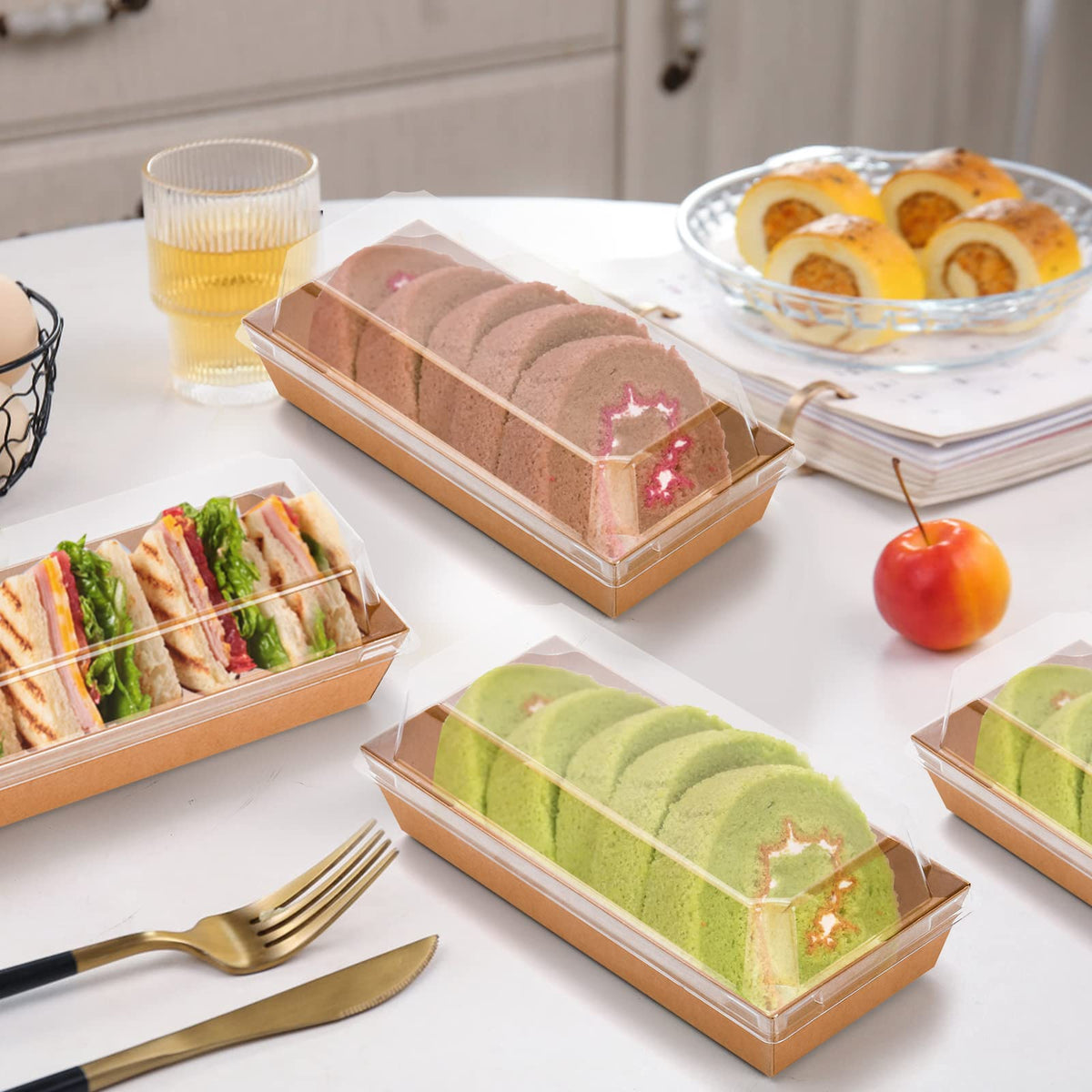 Dicunoy 100 Pack Paper Sandwich Boxes with Clear Lids, Disposable Swiss Roll Cake Containers, Rectangle To Go Boxes for Sushi, Waffle, Cookie, Fruits, Pastry, Desserts, Food Truck Business 🍁 All In One Marketplace Canada