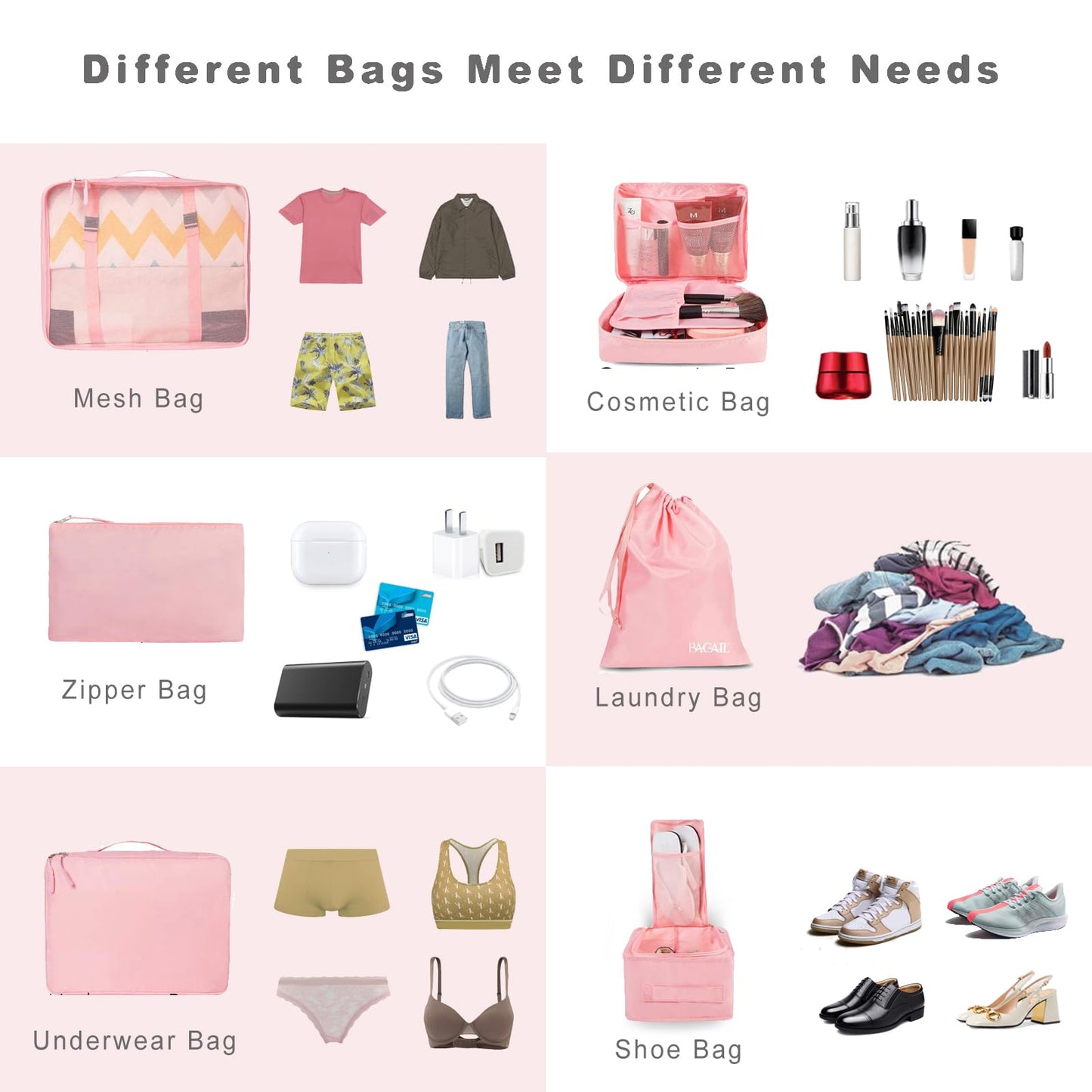 BAGAIL 8 Set Packing Cubes, Lightweight Travel Luggage Organizers with Shoe Bag, Toiletry Bag & Laundry Bag (Blush Pink)