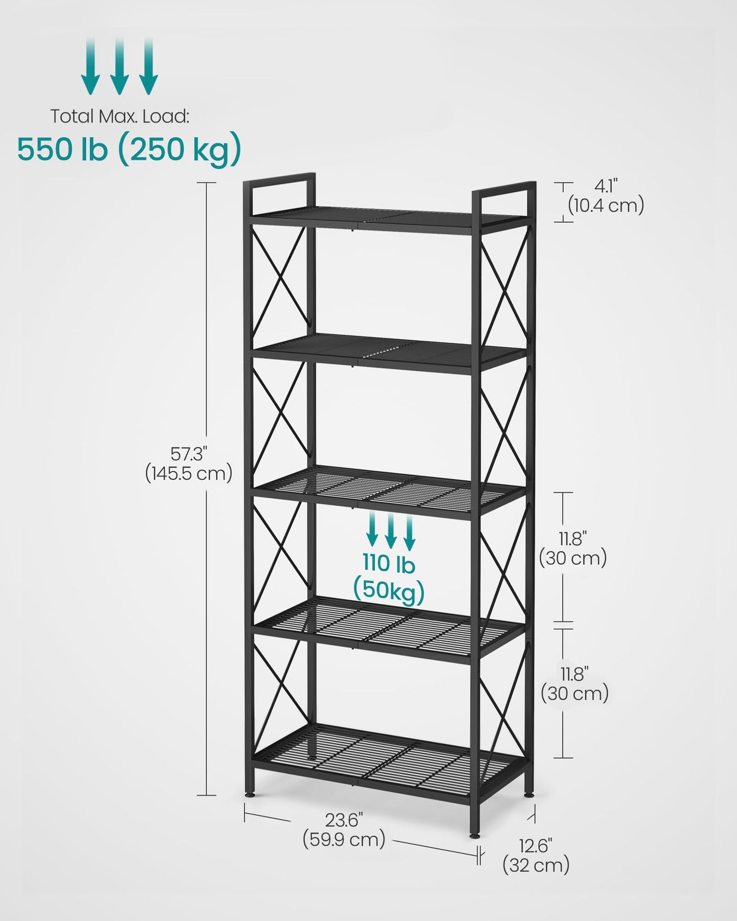 SONGMICS 5-Tier Metal Storage Rack, Shelving Unit with X Side Frames, Dense Mesh, 12.6 x 23.6 x 57.3 Inches, for Entryway, Kitchen, Living Room, Bathroom, Industrial Style, Ink Black UBSC165B01 SONGMICS