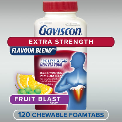 Gaviscon Extra Strength Flavour Burst Tablets - 120 Count - Chewable Foaming Antacid Tablets for Day and Night Heartburn Relief, Acid Reflux and GERD Relief, Fruit Blast - Free of Aluminum, Lactose and Gluten Gaviscon