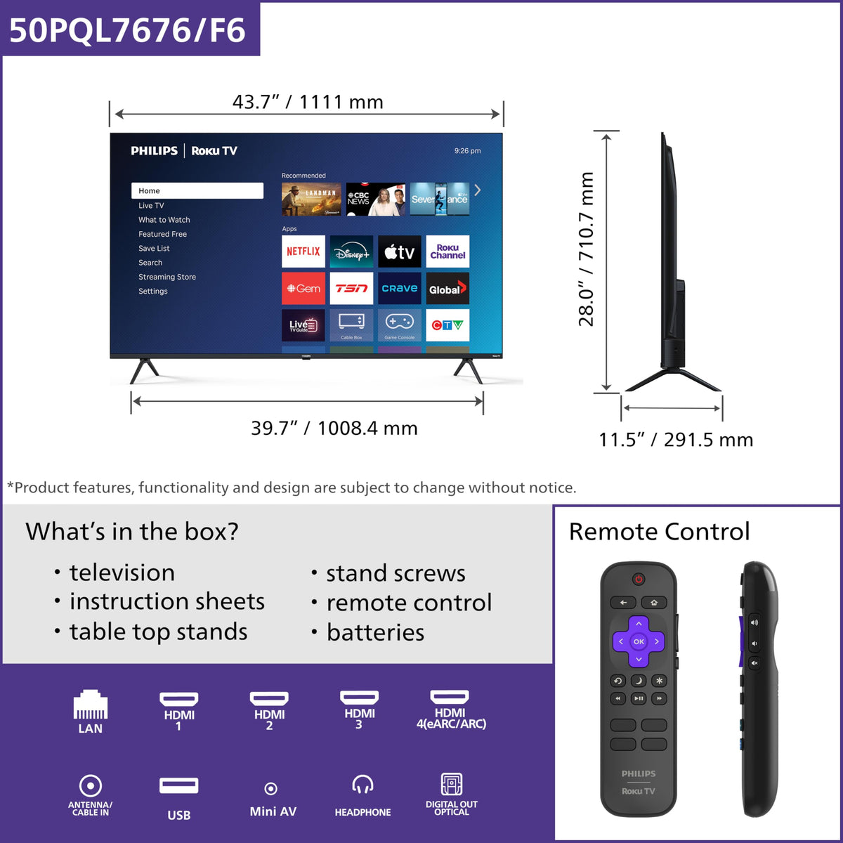 Philips 50PQL7676/F6 7600 Series 50-Inch 4K UHD QLED Roku TV