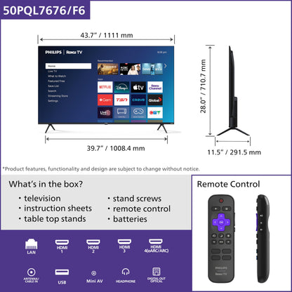Philips 50PQL7676/F6 7600 Series 50-Inch 4K UHD QLED Roku TV