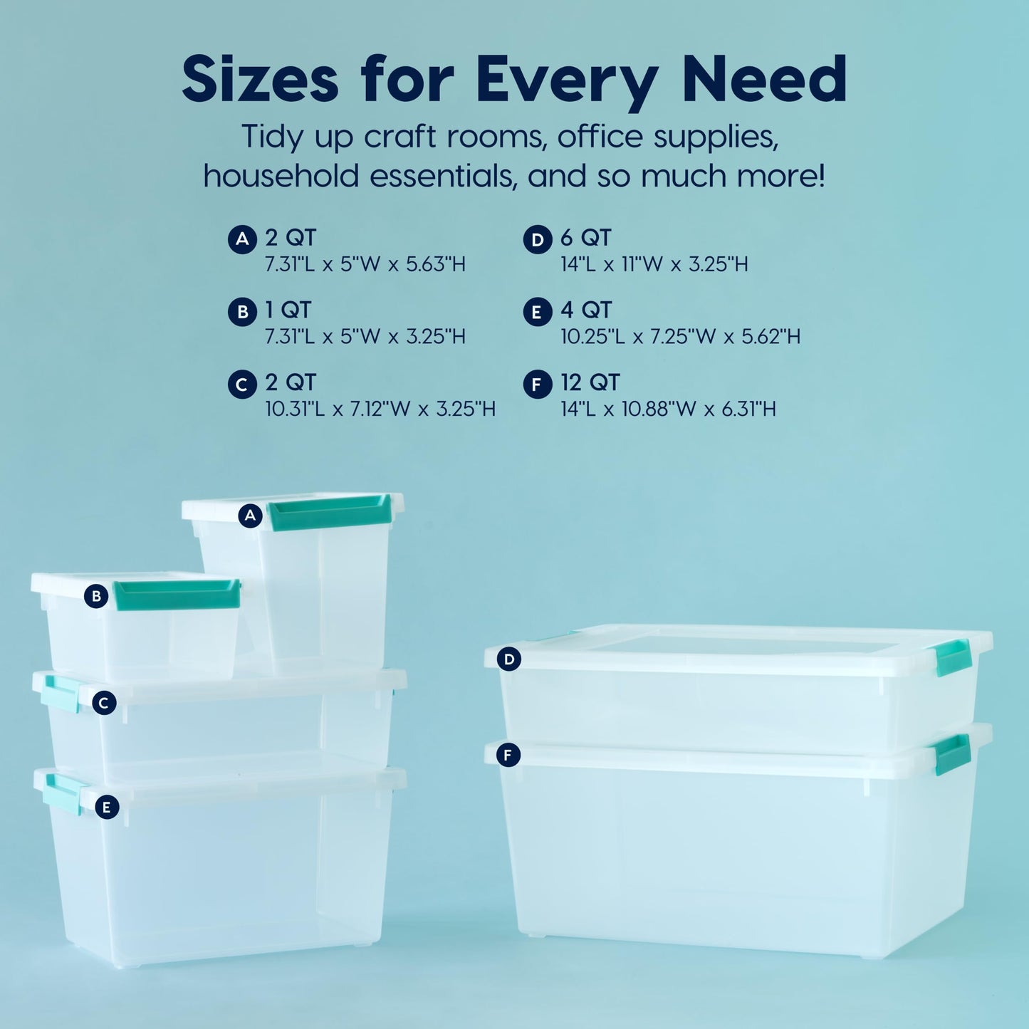 IRIS USA 11.4 L (12 US Qt) Large Deep Clip Box, 4 Pack, Clear Plastic Storage Container Bins with Latching Lids, Organizer for Home, Office and Classroom, Stackable Nestable, Seafoam Blue Buckles IRIS USA
