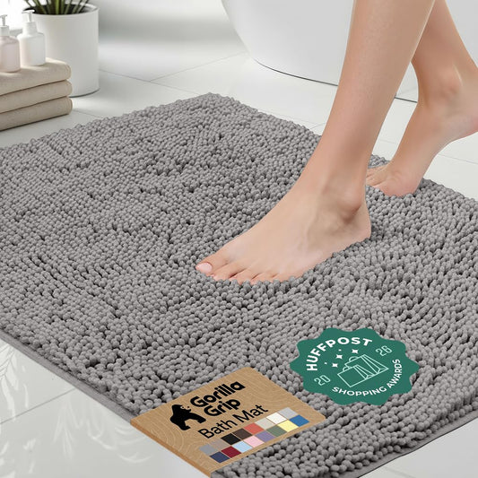 GORILLA GRIP Bath Mat, Thick Soft Absorbent Chenille Floor Mats, Rubber Backing Bathmat, Quick Dry Rug, Machine Washable Rugs for Shower and Tub Floors, Bathroom Accessories Decor, 61x43 cm, Grey