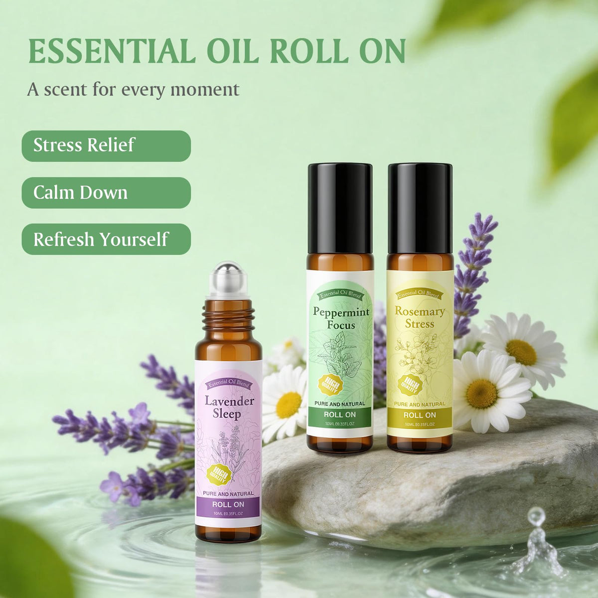 Roll On Essential Oils Set for Relax Focus Refresh, Aromatherapy Oils Gift Set, Removable Roller, Fragrance Oil Scented Oil for Diffuser Self Care Home, 6x 10M(Eucalyptus, Lavender, Orange, Peppermint, Rosemary, Mint), Gifts for Women and Men